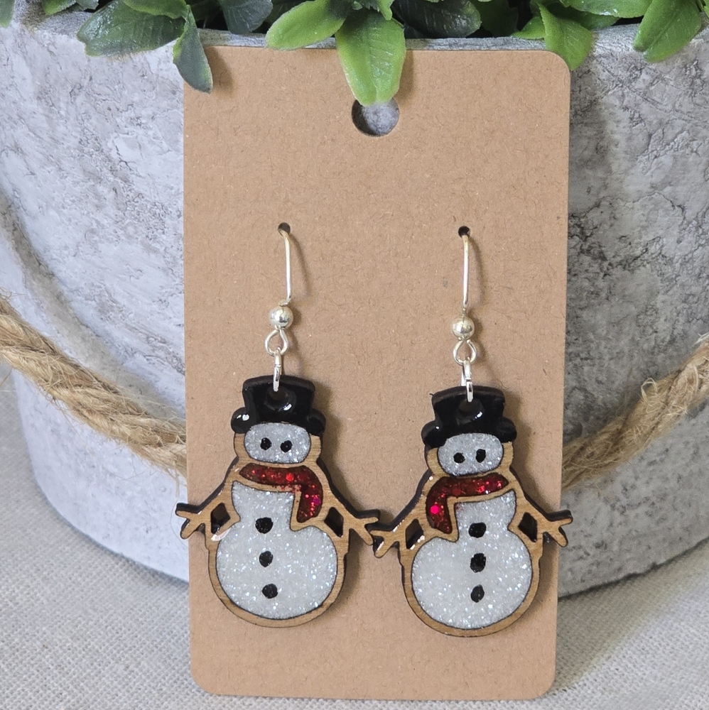 Handmade Resin Glitter Snowman Dangle Earrings